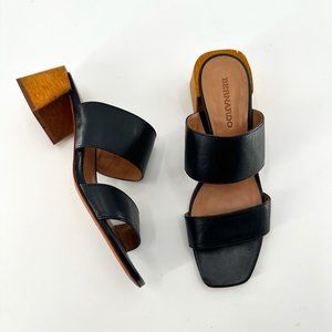 Bernardo Bri Black Leather Block Wood Heel Sandals